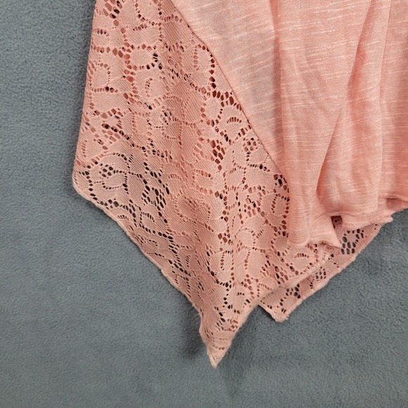 Unity World Wear Blouse Women's Large Peach Lace Trim Shark Tie Neck Cap Sleeve - Picture 8 of 12